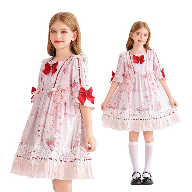 ハロウィンコスプレ衣装 子供ロリータ 女の子ロリ風 ロリータ子供用プリンセスワンピース シフォンレースワンピース ストロベリーピンク
