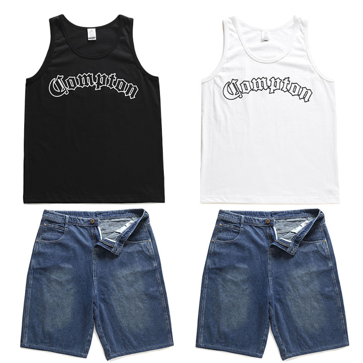 ACE FLAG 上下セット ノースリーブ Tシャツ デニム ハーフパンツ メンズ 大きいサイズ エースフラッグ セットアップ Compton コンプトン ビッグシルエット 10,149円