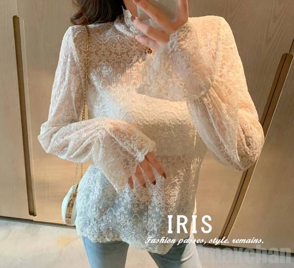 秋ブラウス　シャツ　ハイネック　総レース　レディース　トップス　春秋　長袖　カジュアル　通勤　通学　着まわし　デート　旅行