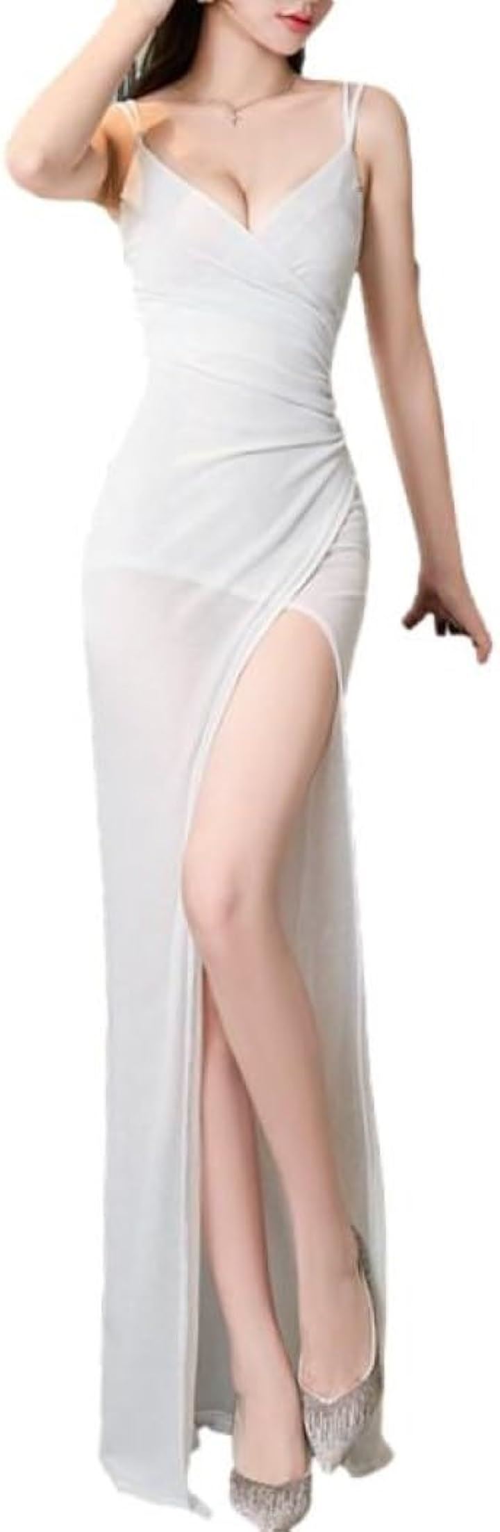 ディープ スリット ワンピース キャミソール タイト ロング イブニングドレス ノースリーブ マキシ レディース EC7( ホワイト, S)