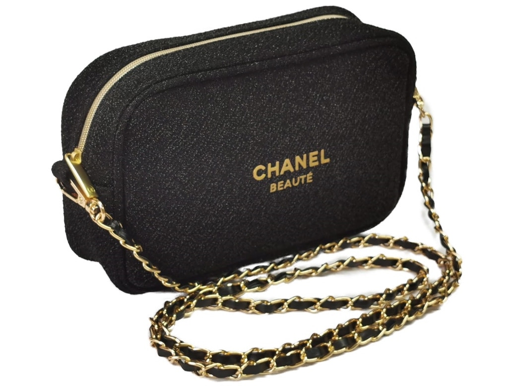 CHANEL NOVELTY シャネル ロゴ入化粧ポーチ CCロゴ入りファスナー ショルダーストラップ (社外品/取外し可能) 斜め掛け可能
