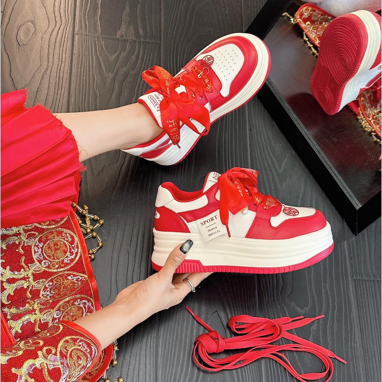 レッドレースウェディングシューズレディース本革厚底レストスニーカー究極のウェディングシューズ秋100婦人靴