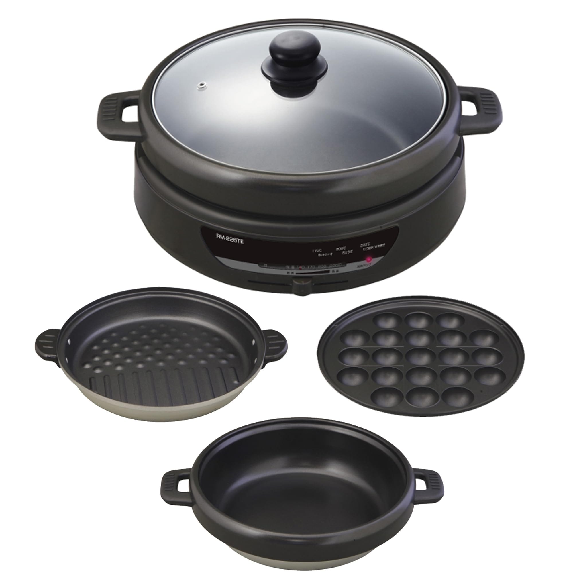 [東京Deco] 電気鍋 グリル鍋 3枚プレート (深なべグリルたこ焼) 深型 深さ7.5cm 脱着式 ガラス蓋 [3～4人用 3枚プレート] [深なべグリルたこ焼 プレート3枚付き]グリル鍋