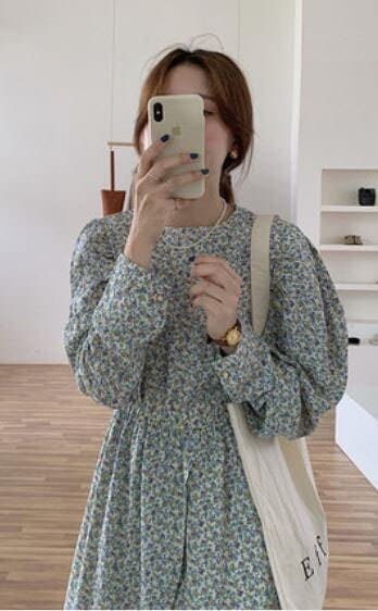 ワンピース ワンピドレス 膝下 ミモレ丈 l 長袖 パフスリーブ ラウンドネック Aライン 切り替えデザイン ウエストマーク フィット＆フレア かわいい 大人可愛い きれいめ 大人 おしゃれ 大人