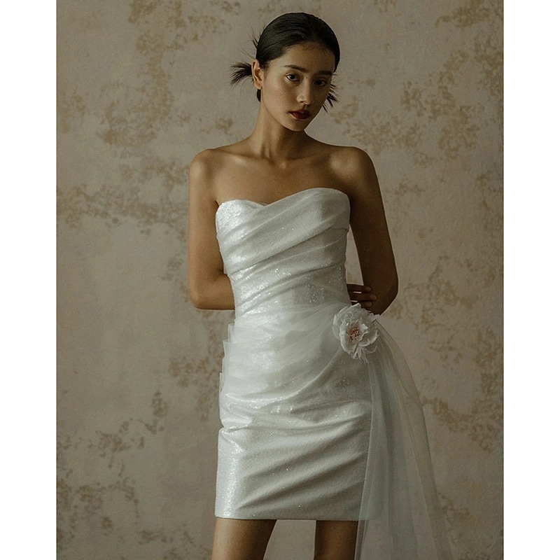 二次会ドレス ウェディングドレス ミニドレス 白 ビスチェドレス 結婚式ドレス 二次会 ホワイト ショート丈 スパンコール 可愛い タイトドレス ウェディング 撮影 XS S M L XL XXL X