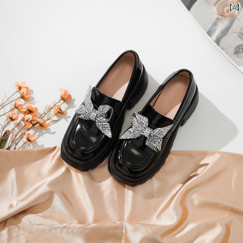 ローファー レディース 学生 通学 通勤 オフィス 女性用 革 厚底 プラット フォーム ラインストーンリボン ハイヒール 快適 黒革 シューズ