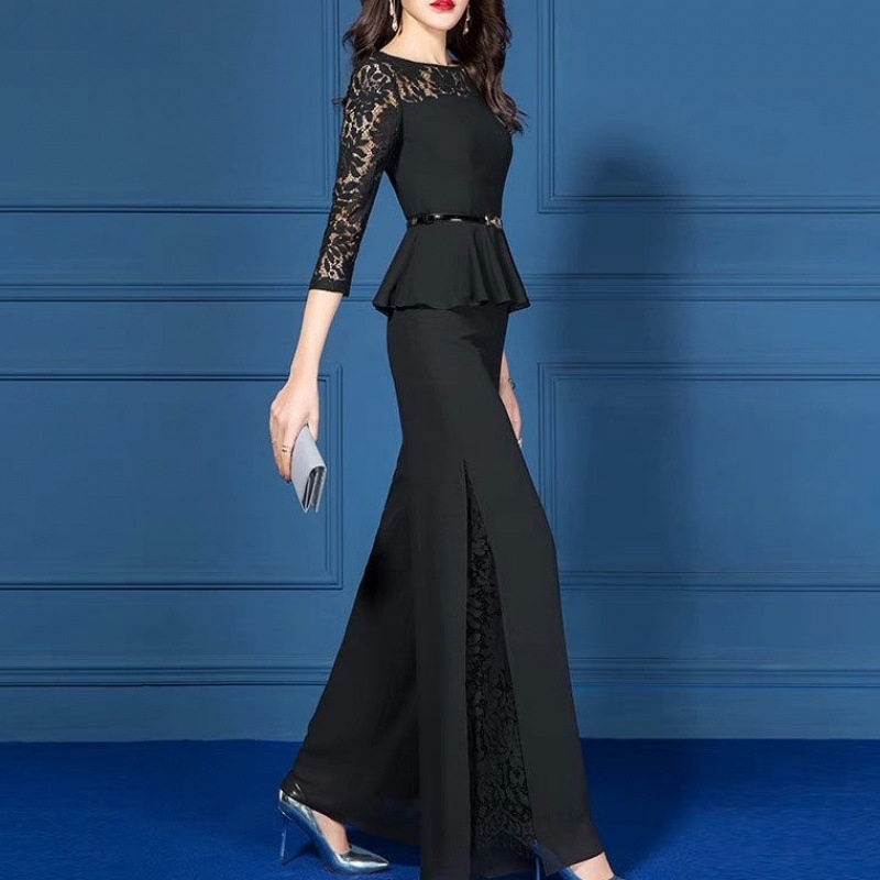 2ピース 上下セット 2点セット パンツドレス レース 長袖 ぺプラム ワイドパンツ スリット ブラ