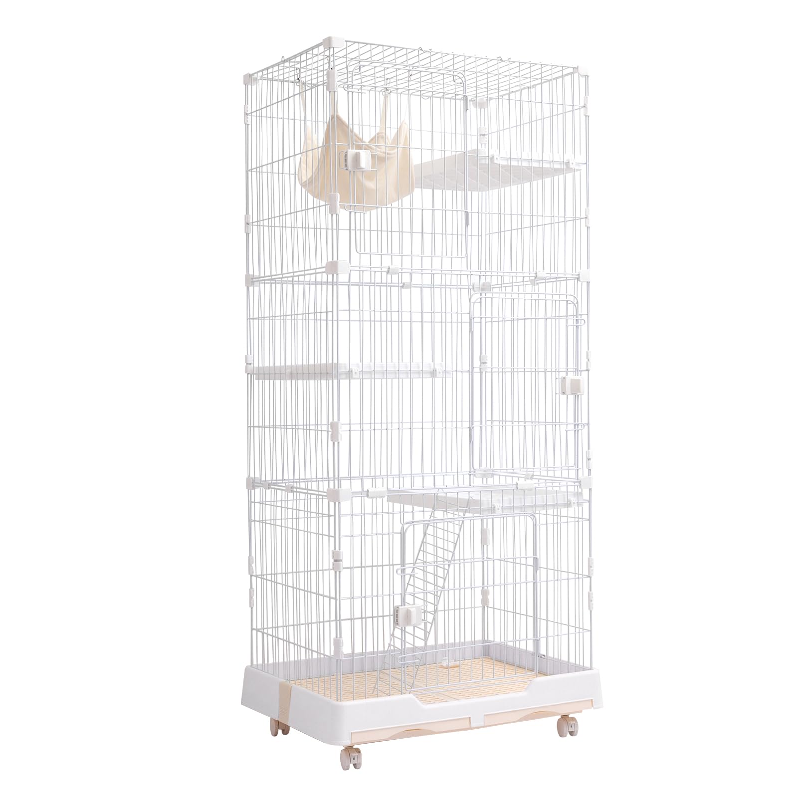PETTOM 猫ケージ キャットケージ 幅82cm 2/3段 ペット 猫 キャットゲージ キャット タワー 収納 キャスター 付 脱走防止扉 頑丈 檻 ねこ ネコケージ コンパクト ハンモック 多頭飼