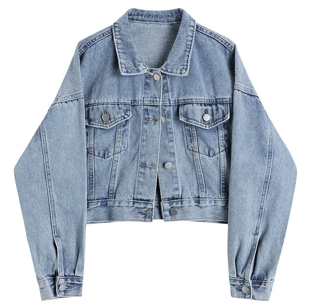 アウター デニムジャケット ジャンパー Gジャン 上着 ショート丈 長袖 ドロップショルダー 襟付き ワイド ポケット 前開き デニム ブルーデニム かわいい 大人可愛い シンプル カジュアル