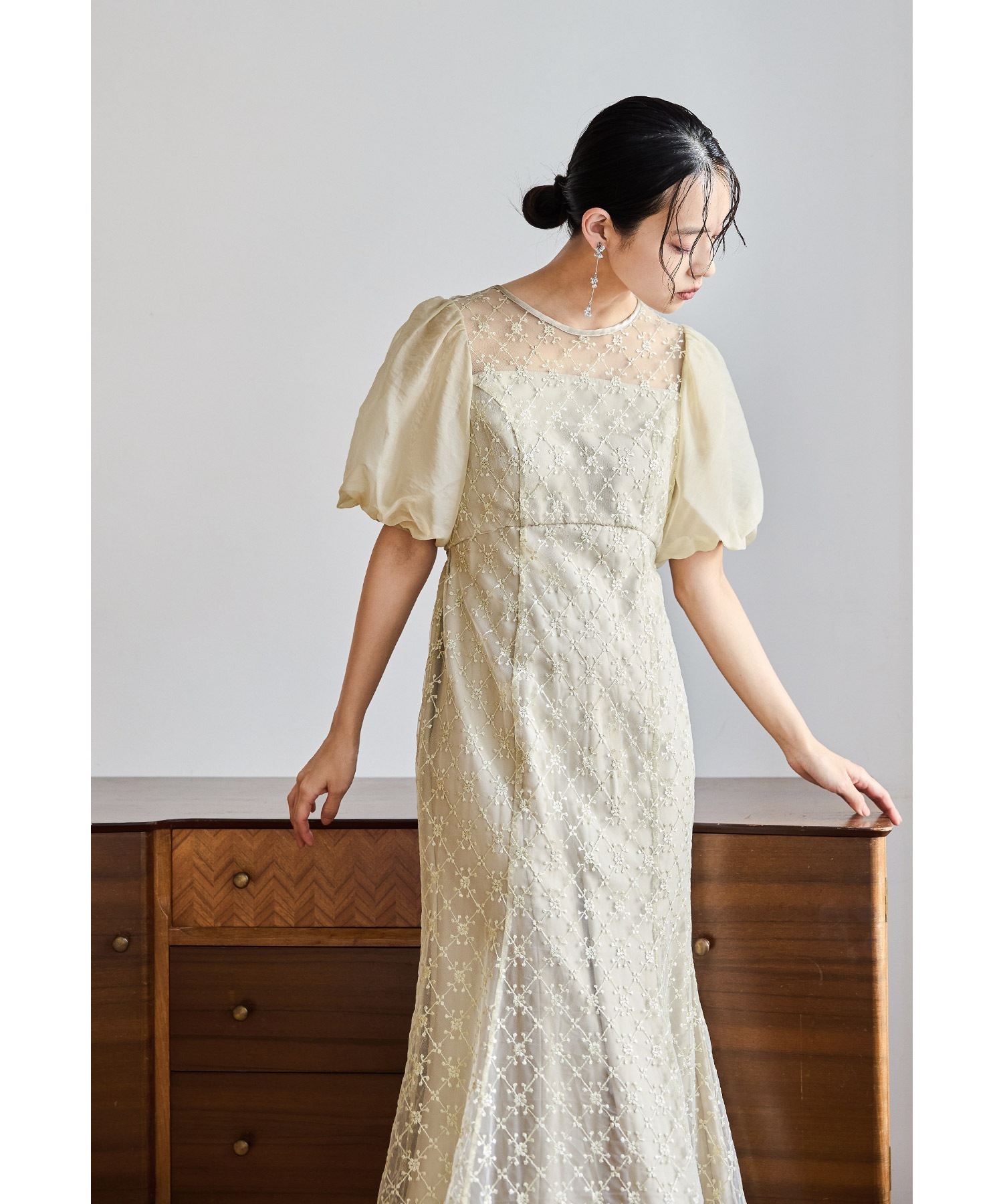 ダイヤレースマーメイドドレス パーティードレス 結婚式 ラメ 刺繍レース バックリボン パフスリーブ ボリューム袖 フレア お呼ばれ パーティー 二次会 披露宴 謝恩会 成人式 同窓会 卒業式