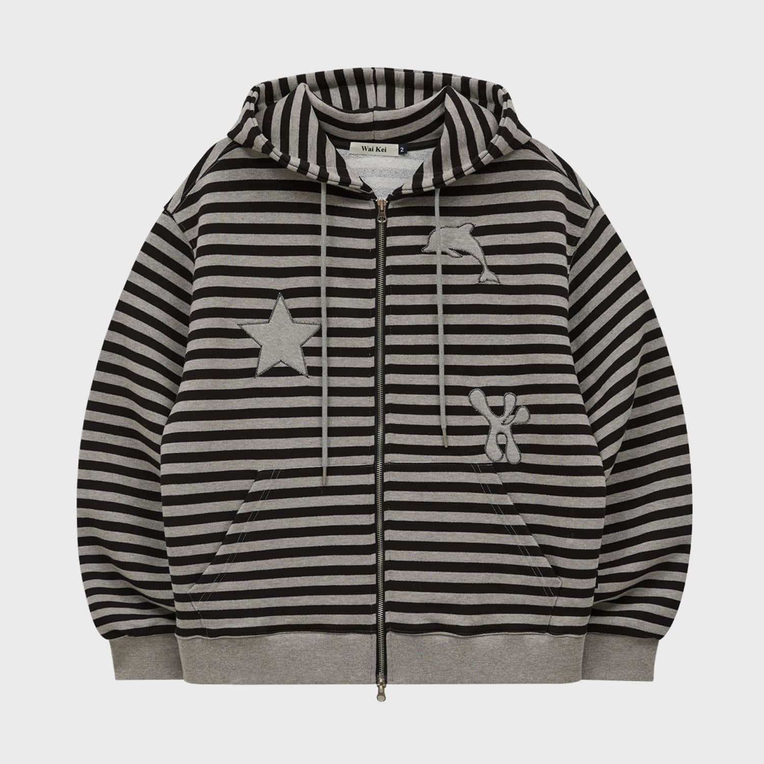 Star Dolphin Applique Hood Zip Up STRIPE BLACK