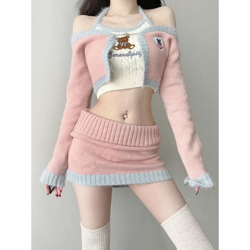 24 ファッション セーターカーディガン+ギャルベアーキャミソール+ヒップスカート ジャージ パーカー セットアップ レディース スウェット上下セット 3点セット