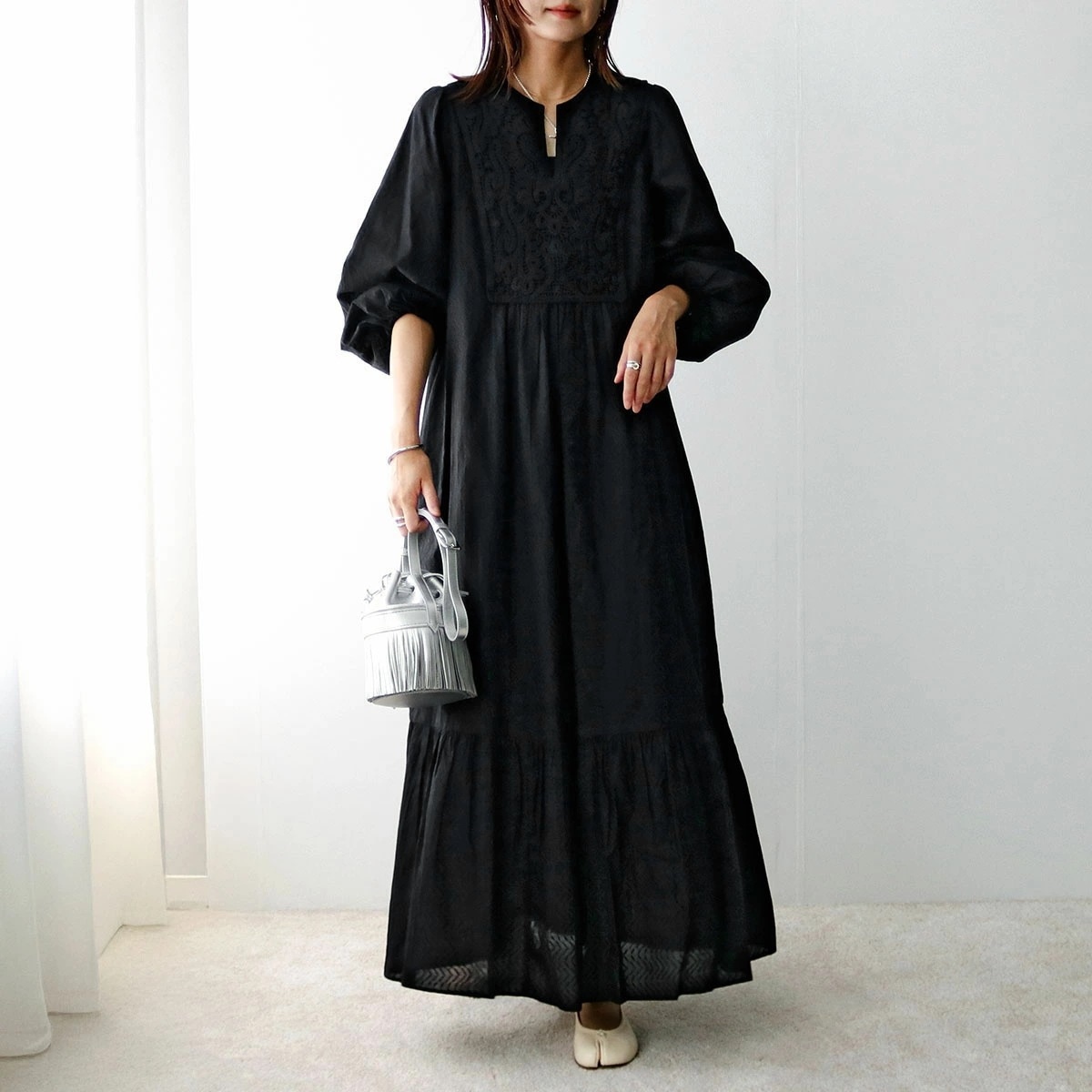 ne Quittez pas ヌキテパ ワンピース Cotton Jacquard Lace Yoke Dress 010452WJ2 レディース 長袖 シフォン ロング丈 レース フレア ギャザー