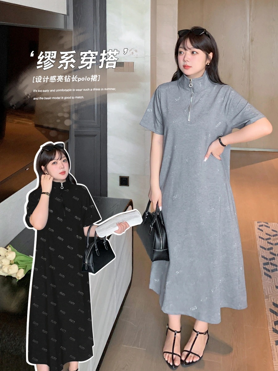 【ぽちゃまに】 夏 通勤風 シャツワンピース ジップ タートルネック 大きいサイズ 体型カバー レディース ロングワンピース メガ割30%までに制限