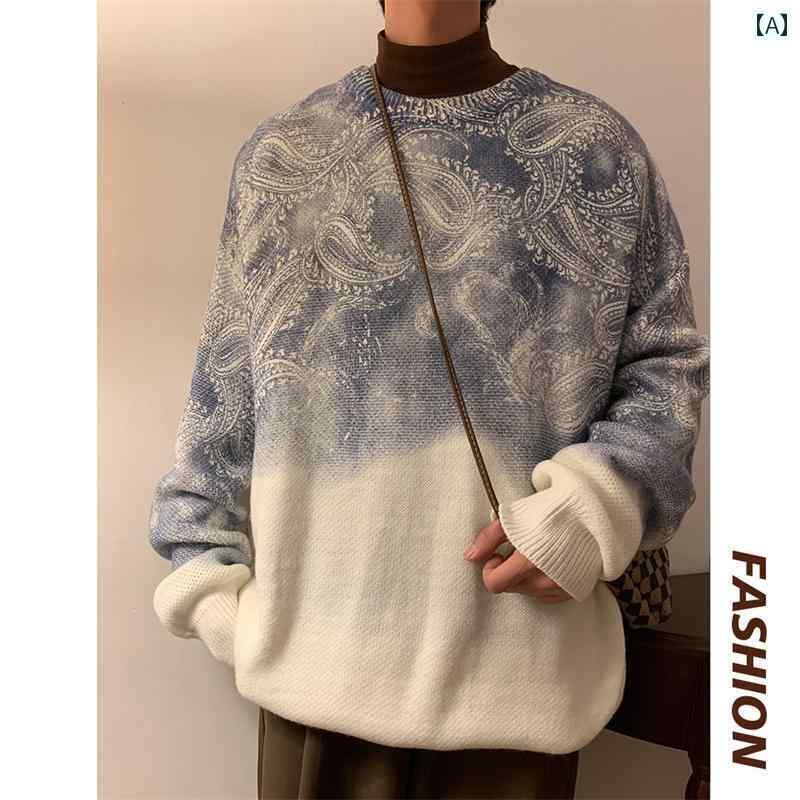 カジュアル 長袖 冬 セーター ラウンドネックプルオーバー セーター カシュー フラワー 絞り染め グラデーションプリント 大きめサイズトップスス