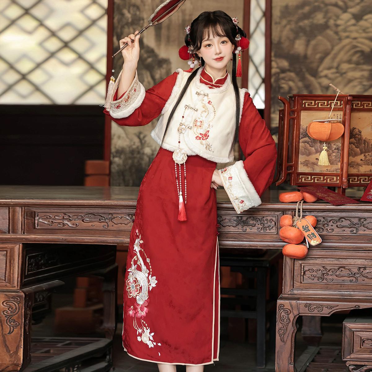 送 料 無 料正規品祥献瑞新韓国韓国改良要素馬甲チャイナドレス長袖セット