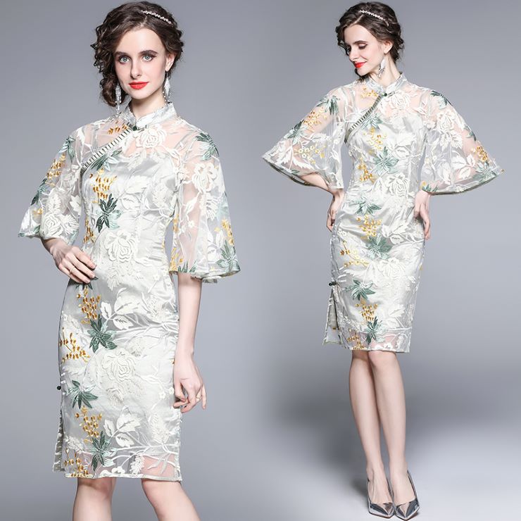 新作　花柄シフォンチャイナ風ワンピース 花柄シフォンチャイナ風ワンピース ワンピース 結婚式 ドレス 結婚式 二次会 入園式 卒業式 大人 上品 入学式 OL パーティードレス ドレス フォーマル