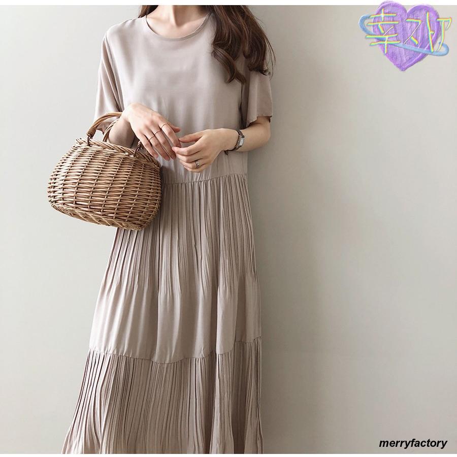 ワンピース ロングワンピース レデイース 夏 半袖 無地 プリーツ おしゃれ 体型カバー シンプル ナチュラル 上品 大人 通勤 OL 旅 20代 30代 40代