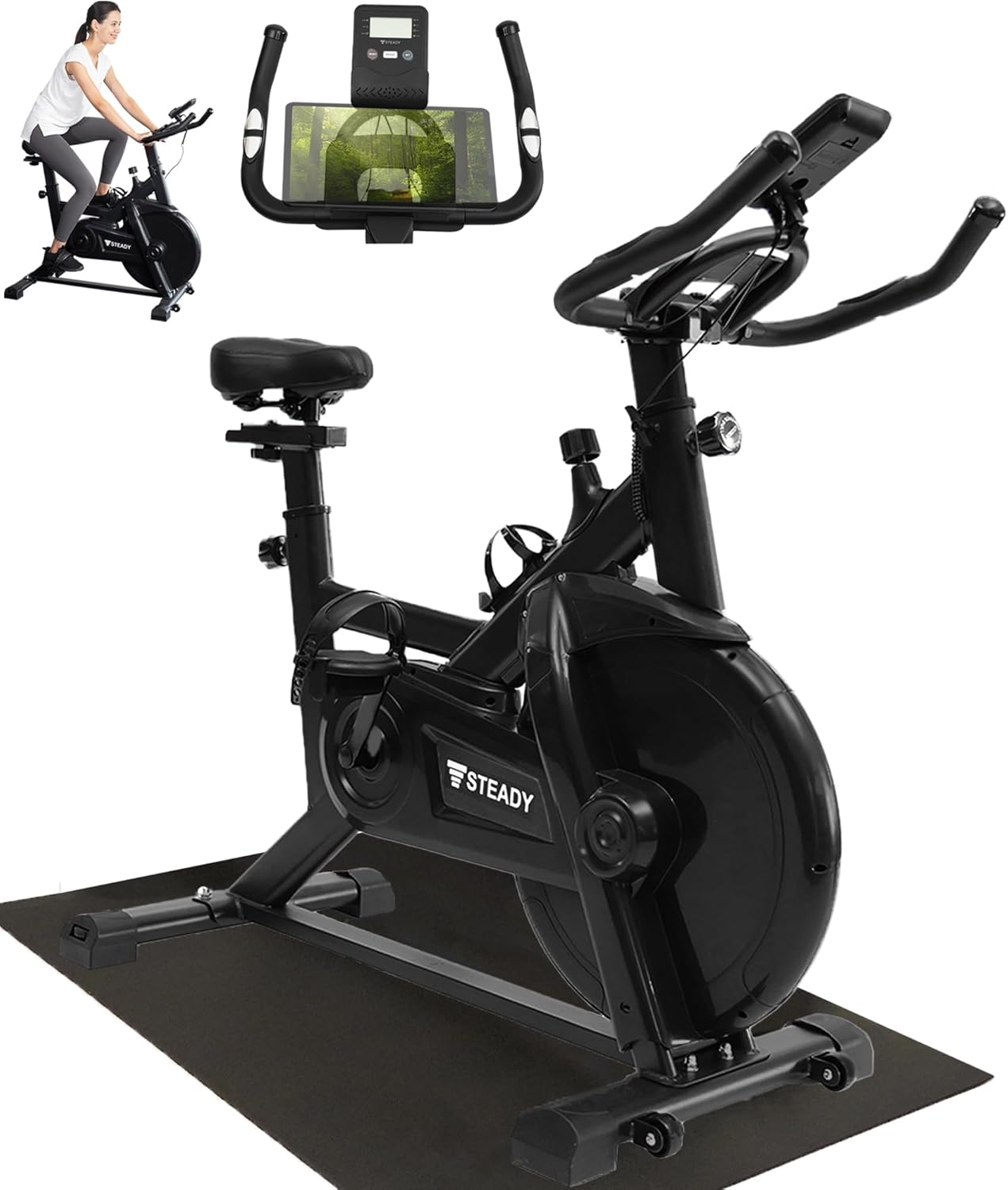 STEADY スピンバイク【 Designed in Japan 独自開発の非接触式airホイール/静音/専用モニター 色 3.ブラック マット付 (心拍数/距離/カロリー/スピード) / 水平アジャ