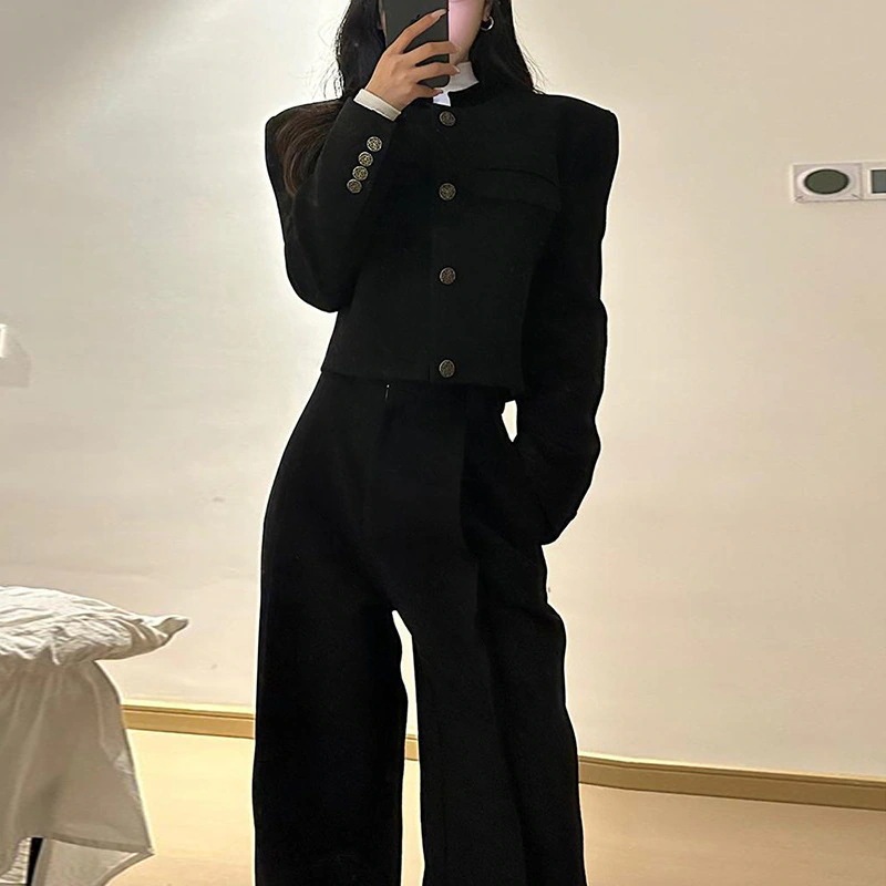 レディース秋春ツーピースセット：ゆったりとしたスリムなウールコートとハイウエストパンツで相続人風ルック
