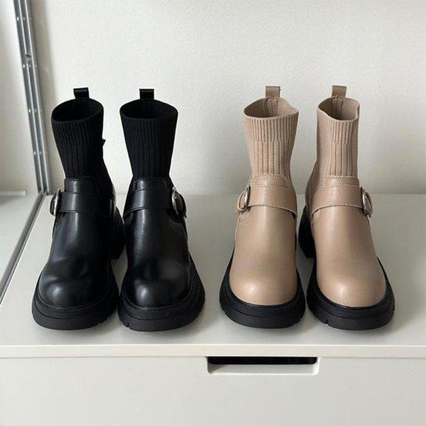 女性チャンキーヒールニットソックスアンクルブーツ MT20