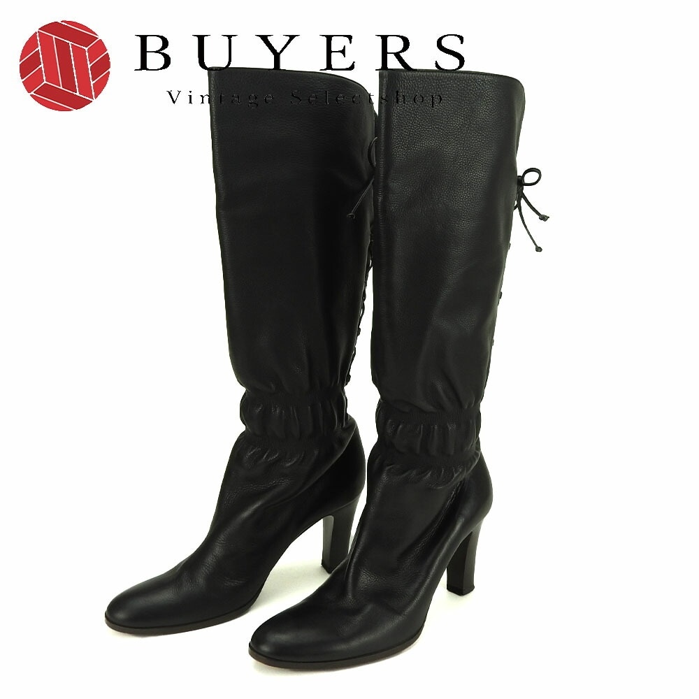 中古 ロエベ ロングブーツ レザー 革 ブラック レースアップ サイズ39 日本サイズ 約26cm 普段使い 靴 シューズ 女性 レディース LOEWE boots black leather