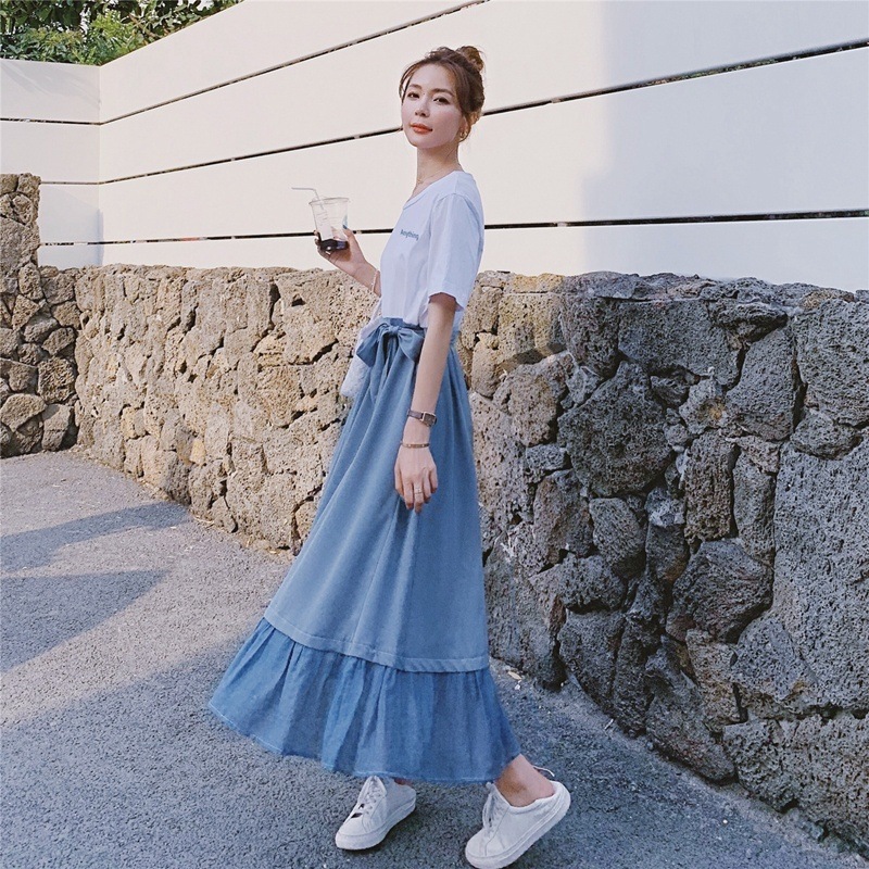 ワンピース フレアワンピース ロング丈 半袖 ラウンドネック セミフレア フリル リボン かわいい