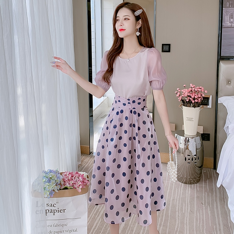 セットアップ ブラウス スカート 2点セット 上下セット シフォンブラウス ラウンドネック 半袖