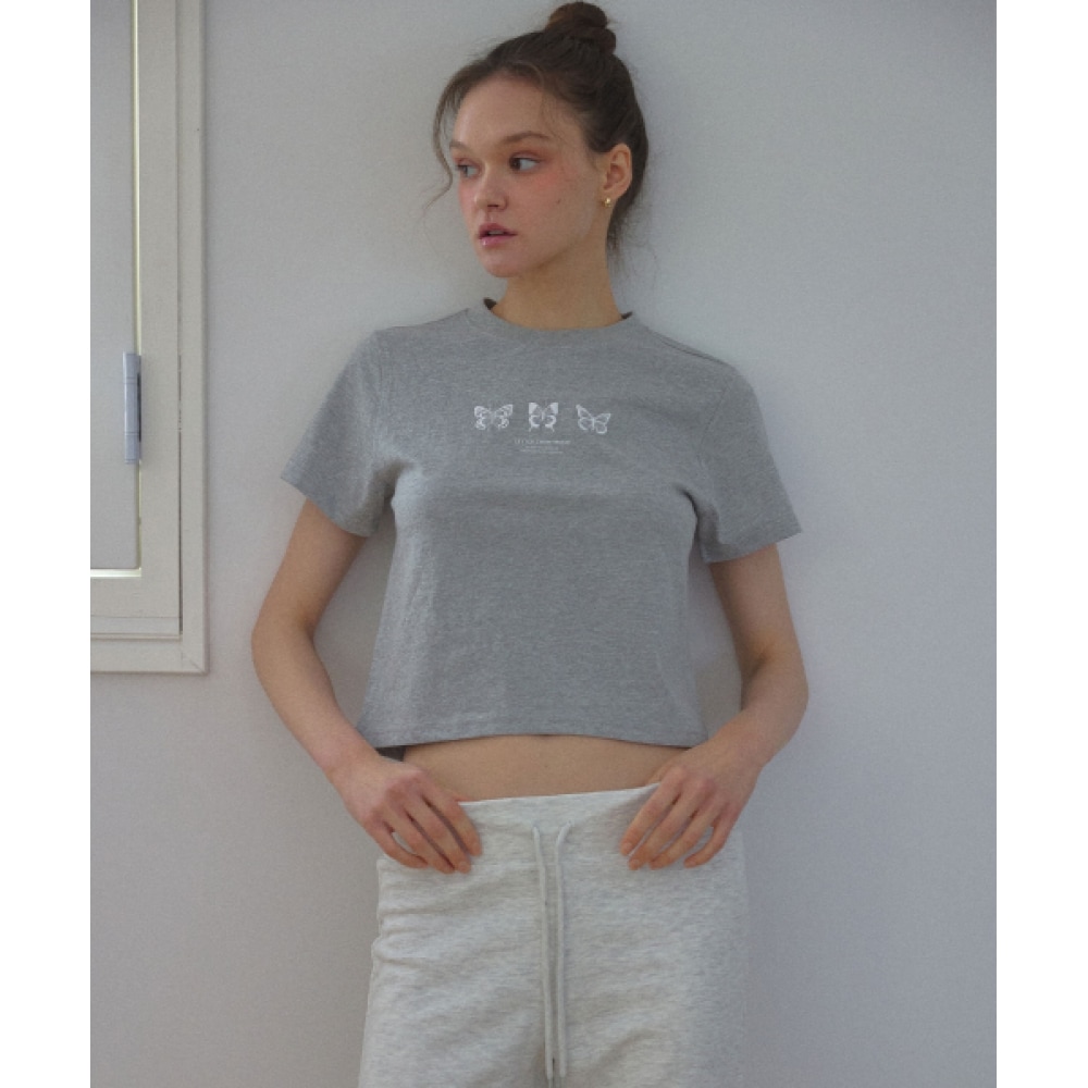 LETTER FROM MOON トリプルバタフライエンブロイダリーショートスリーブ T シャツ (メランジグレー)