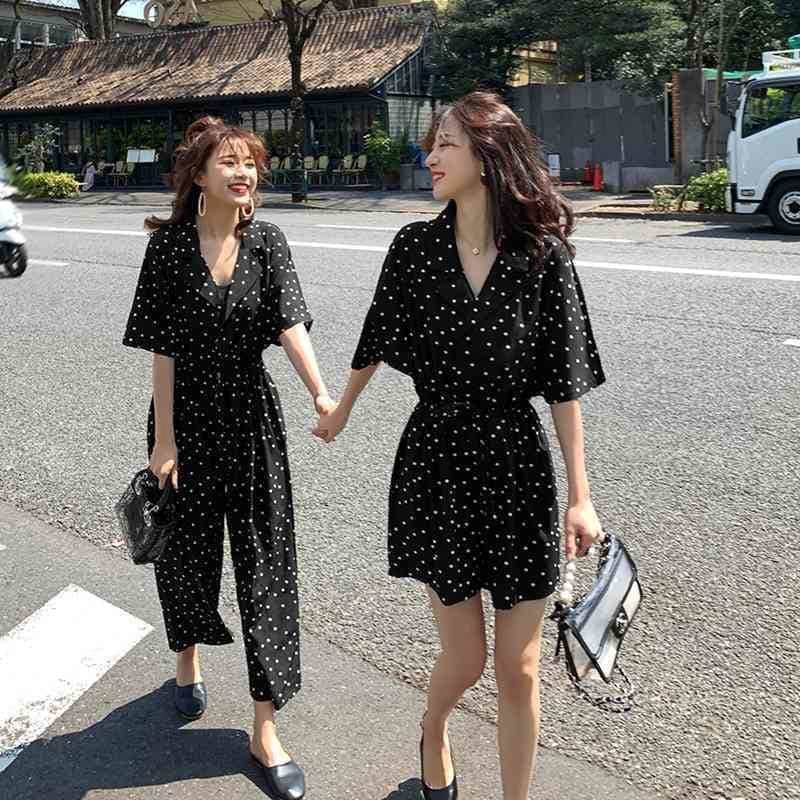 レディース オールインワン 水玉 ロング ミニ ワイドレッグ パンツ 袖あり 5分袖 襟付き ハイウエスト お洒落 お揃い 楽ちん 個性的 モノクロ 春夏 お出かけ デート 双子コーデ シンプル
