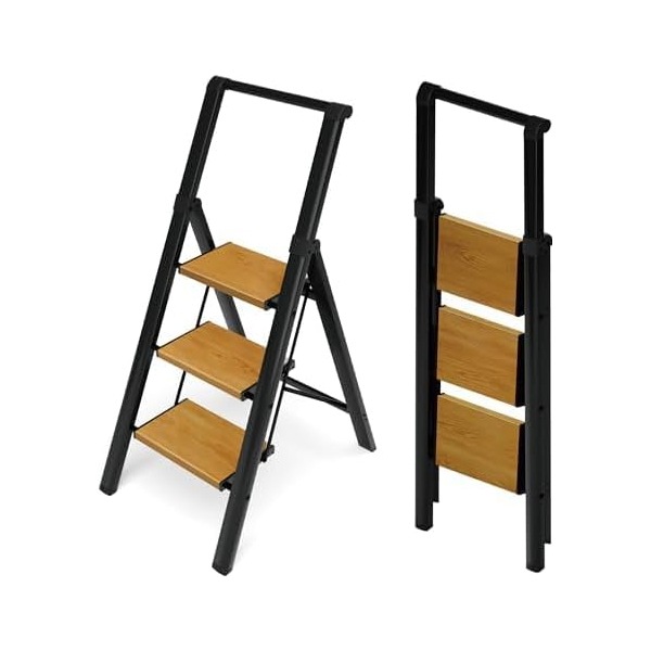 3段 脚立 折りたたみ アルミ製 軽量 広い滑り止めステップ ハンドグリップ付き 耐荷重150kg 家庭用 オフィス用 安全 安定 収納可能 おしゃれ ブラック＆ウッドグレインデザイン