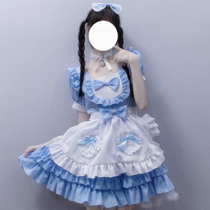 【急速出荷】ロリータ エプロン ワンピース 4点セット メイド服 レディース 可愛い セクシー コスプレ 選べる色 半袖 レース メイドカフェ メイド喫茶 超萌え ゆめかわいい リボン ロリータ ロリ