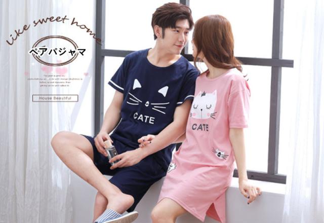 【ペア価格】ペアルックパジャマ　レディース パジャマワンピース メンズ上下セット カップルペアルック ルームウェア ペアパジャマ半袖　パジャマペアルックお揃い 夏 可愛い