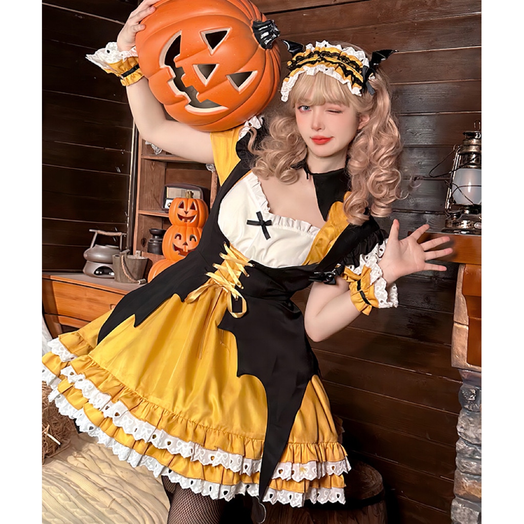 オリジナル2023年新作ハロウィンメイド衣装cosパンプキンカラーリトルウィッチロリータ可愛いスーツドレス