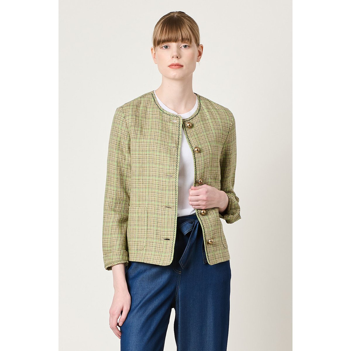 爽やかなカラー感 上品なチェック柄 スタイリッシュなリネン ラウンド チェック ジャケット