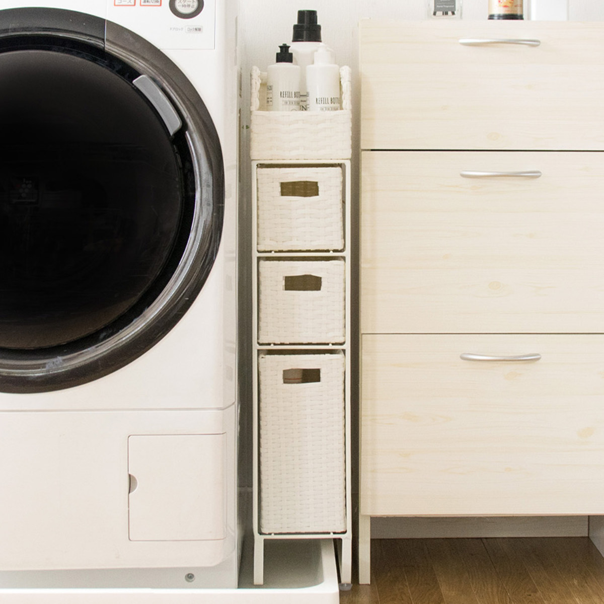 隙間収納 洗面所 15cm ランドリーチェスト ラタン ランドリー チェスト すき間 隙間 すき間収納 家具 棚 水周り 完成品 ランドリー収納 ラック 防水パン ホワイト ラタン調 3段