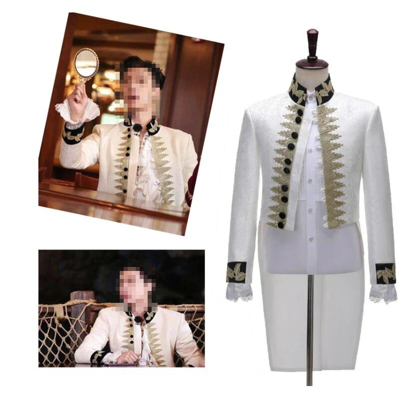 メンズ 礼服 欧米 ヨーロッパ風 フロックコート タキシード 王子様 コスチューム 舞台演出服 ステージ衣装 ロング丈 ジャケット 刺繍縁取り 花柄 ジャカード生地 貴族 伯爵 コスプレ ダンス衣装