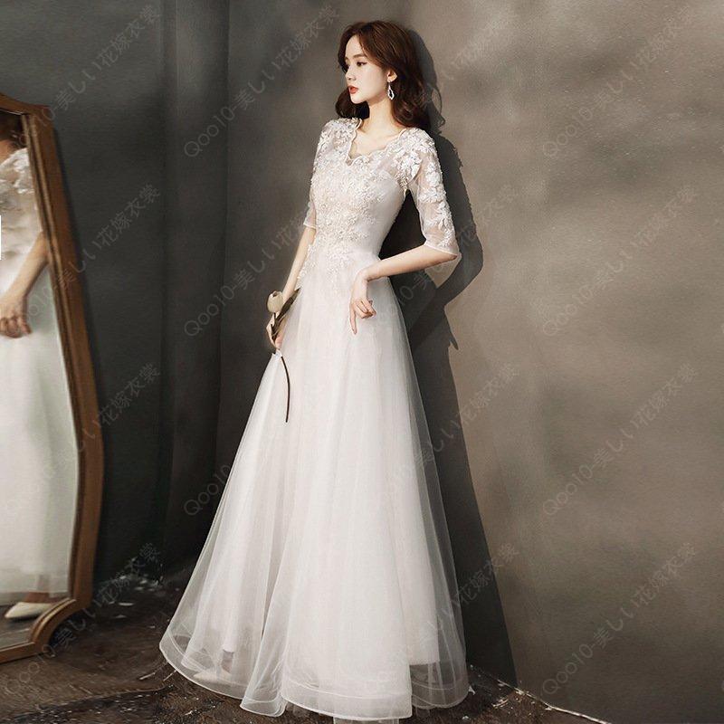 ウエディングドレスAライン7分袖ロングドレス花嫁結婚式ドレスブライダルドレス撮影二次会編み上げ挙式エレ披露宴-22