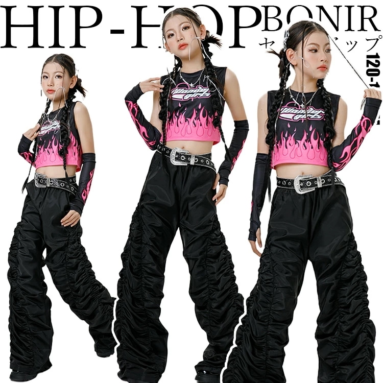 炎柄トップス ダンス衣装 キッズ セットアップ ガールズ ピンク 黒 ロングパンツ シャーリング ベルトアクセント パンクスタイル ジュニア 可愛い 風 ヒップホップ 練習着 ステージ衣装 ジャズ 発