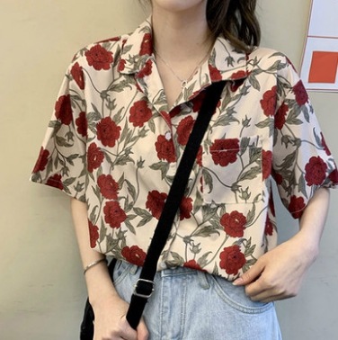 花柄半袖ブラウス トップス ロング丈 袖あり 綿 ゆったり 爽やか 花柄 大人可愛い きれいめ シンプル カジュアル 大人 上品 おしゃれ かっこいい レトロ アジアン 大人可愛い 大人女子 こなれ感