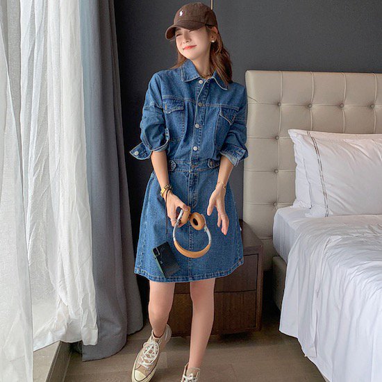 【取寄：納期2週間】デニムワンピース レディース シャツワンピ おしゃれ 春秋 長袖 ミディ丈 カジュアル ワンピース デニムシャツ ダンガリー かわいい デニムワンピース レディース シャツワンピ