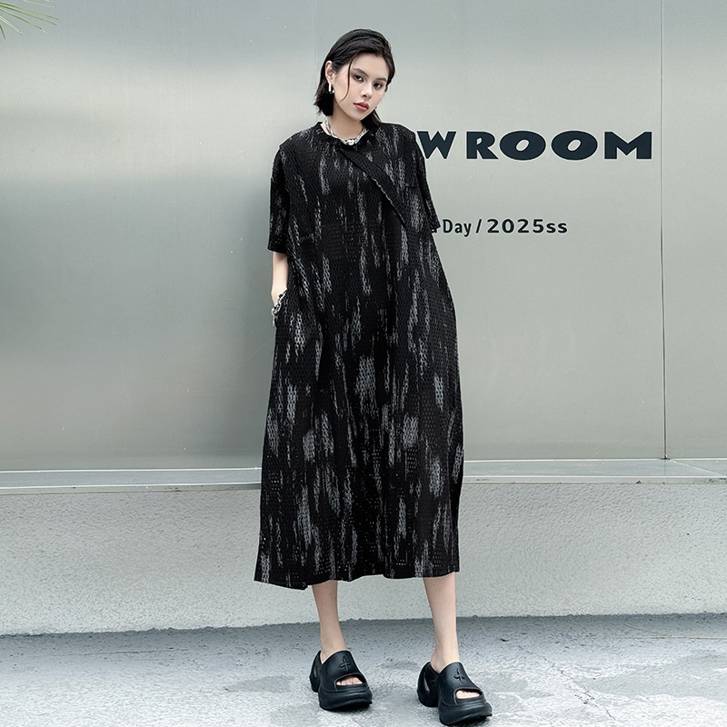 【J.Fashion】日系怠惰な風ラウンドネックワンピース ゆったり体型カバー 着痩せ ワンピース夏 シンプルロングワンピース メガ割