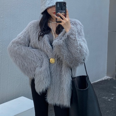 Vネックイミテーションファーコート ゴールドボタン ファーカーディガン シャギーコート ファー コート レディース 毛皮コート ファーアウター 冬 ファー ジャケット カジュアル エコファー コート