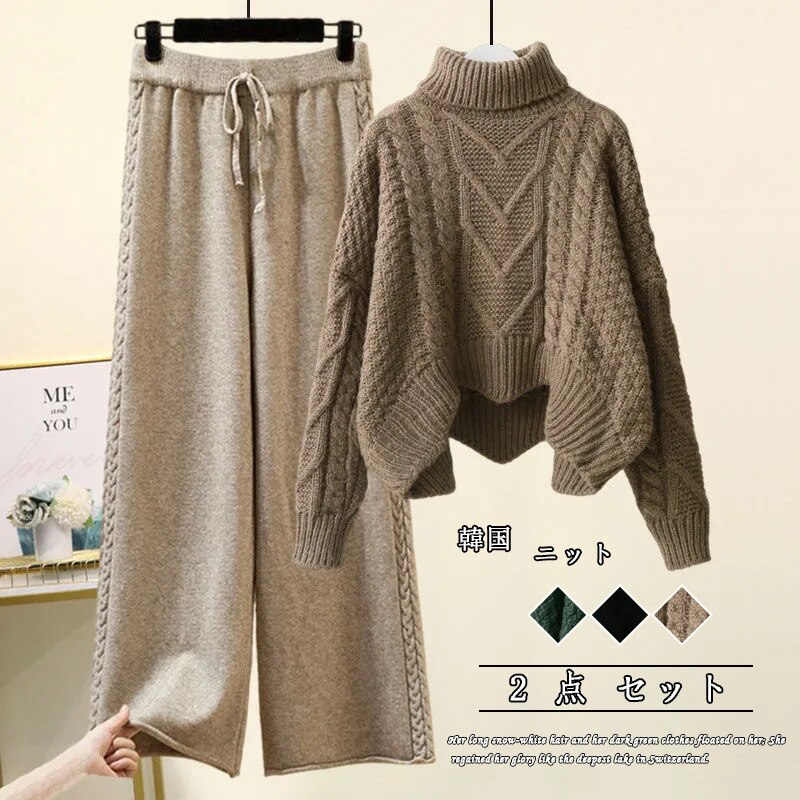 韓国流行り セーターカーディガン二点セット セミロング丈D854