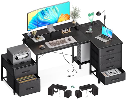 L字型ゲーミングデスク 幅180cm 引き出し6杯 コンセント付き ブラック