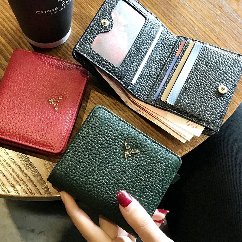 女性用牛革財布,小さな牛革の財布,短い薄い財布,シックなクリスマスのカイのボタン,本革のカードホルダー - 1524