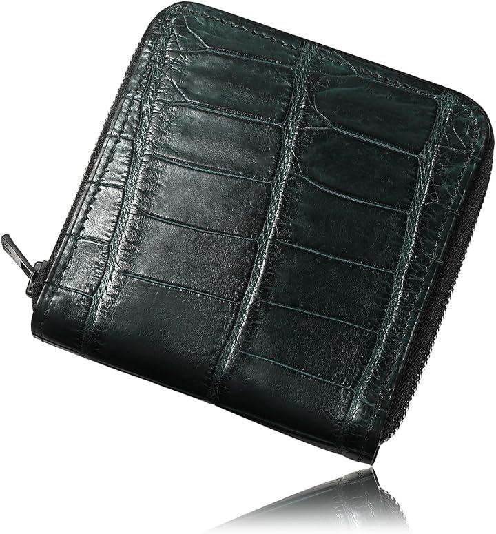 クロコダイル 財布 本物 日本製 一枚革 本革 ラウンドジップ 折りたたみ財布 メンズ レディース ギフト対応 (グリーン)
