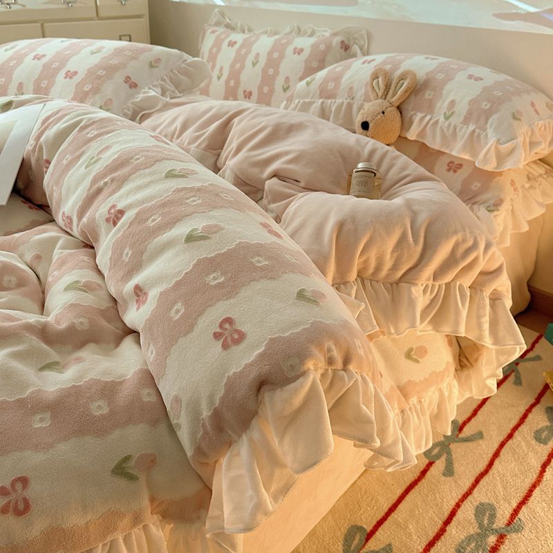 韓国式ミルクフロマージュベッドにサンゴフロマージュ冬レースカバーダブルフロマージュフランネルシーツ3枚セット