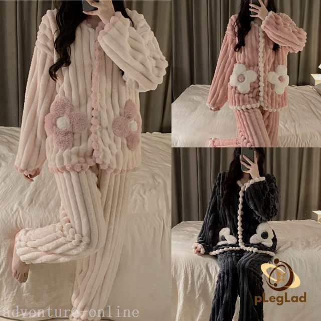 パジャマ レディース ルームウェア 上下セット フード付き 長袖 部屋着 ふわもこ パンツ 2点セット フラワー 秋 冬用 セットアップ 寝巻