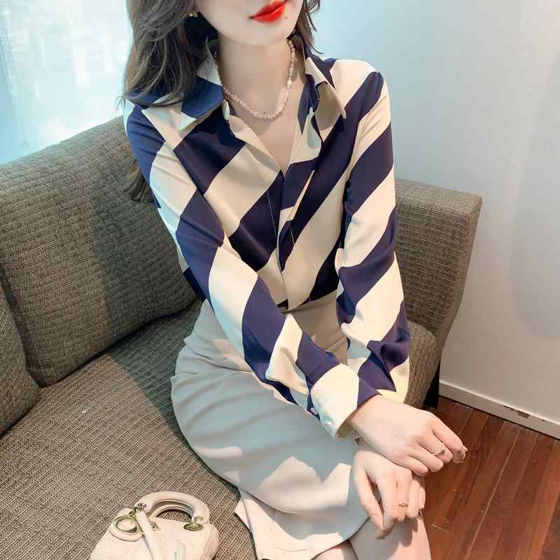 シャツ トップス レディース おしゃれ ファッション シンプル 長袖 シック シフォン サテン きめサイズ ストライプ ブルー